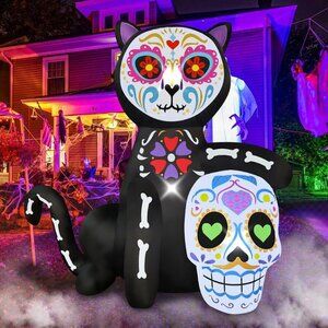 5FT Halloween Inflatable Black Cat Decoration Muertos Sugar Skull Holiday Party